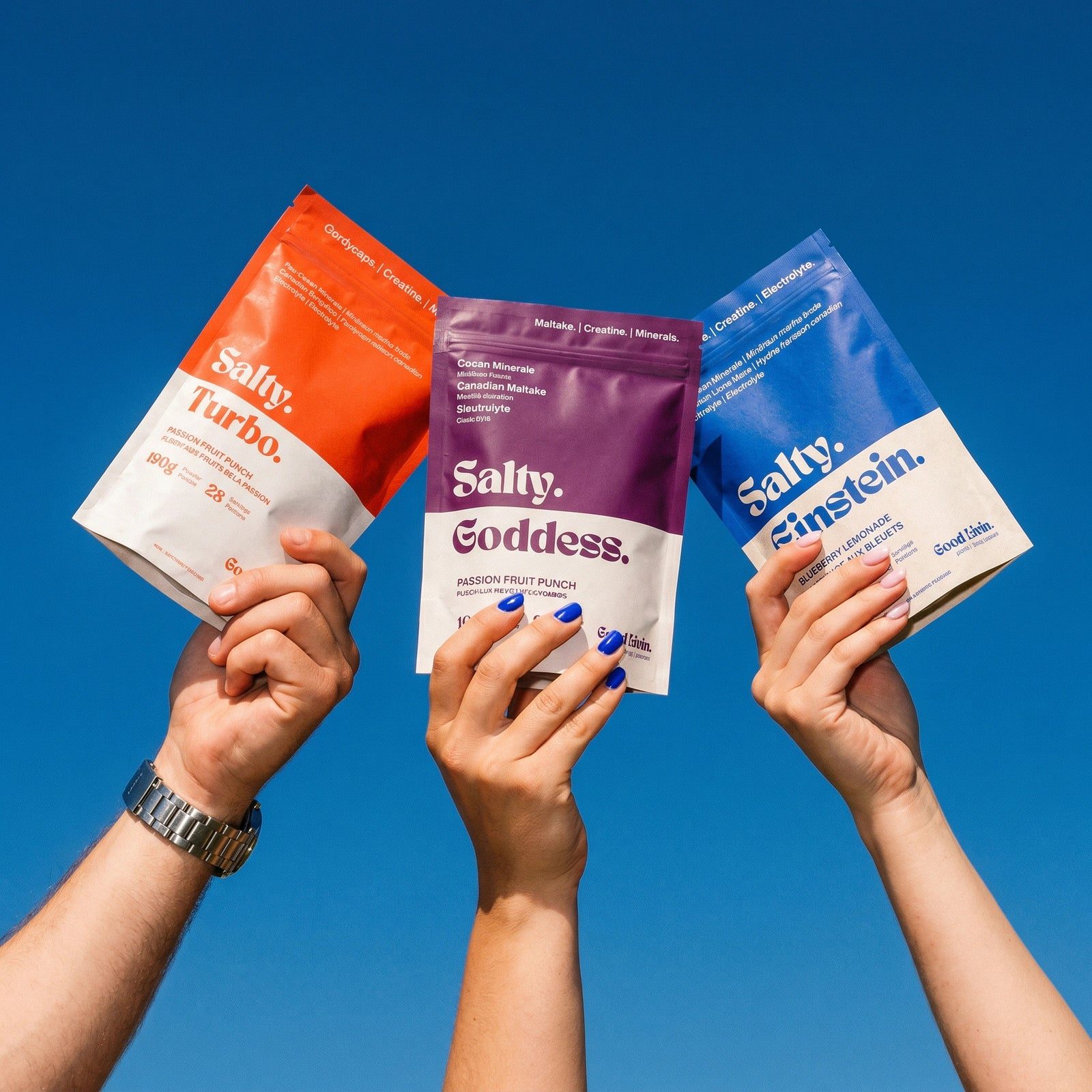 Three hands holding up Salty Turbo, Salty Goddess and Salty Einstein bags against a blue sky