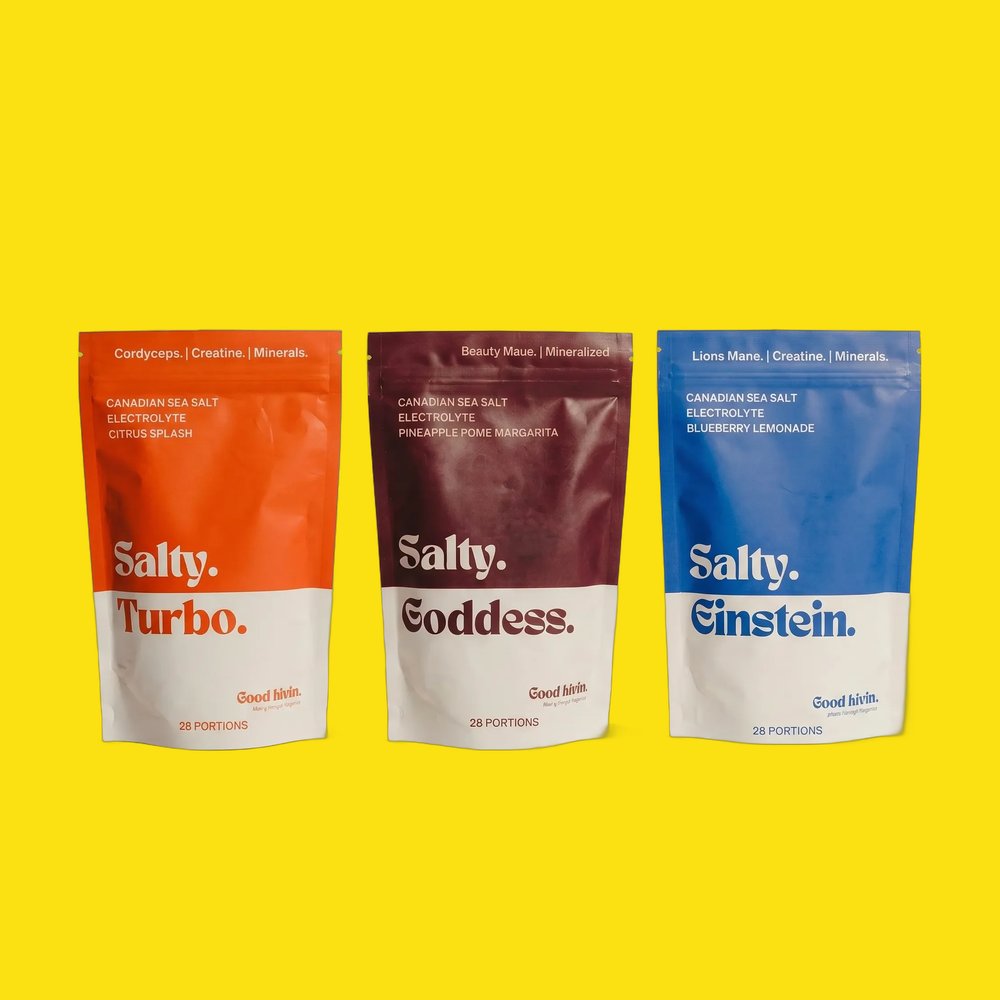 Salty Turbo, Salty Goddess and Salty Einstein bags on a yellow background
